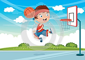 Vector Illustration Of Kids Playing Basketball