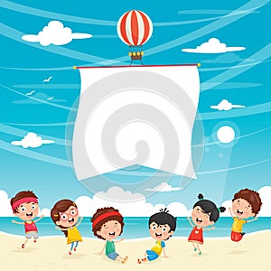 Vector Illustration Of Kids Playing At Beach