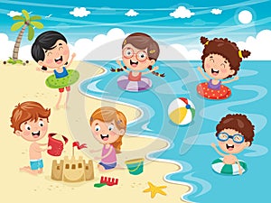 Vector Illustration Of Kids Playing At Beach