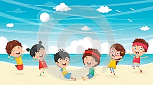 Vector Illustration Of Kids Playing At Beach