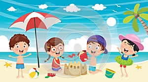 Vector Illustration Of Kids Playing At Beach