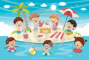 Vector Illustration Of Kids Playing At Beach