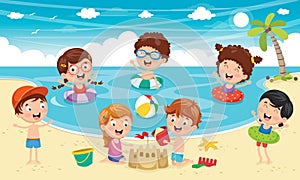 Vector Illustration Of Kids Playing At Beach