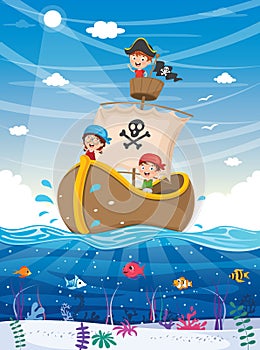 Vector Illustration Of Kids Playing At Beach