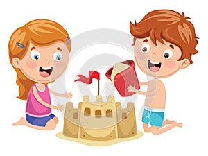 Vector Illustration Of Kids Playing At Beach