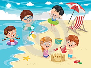 Vector Illustration Of Kids Playing At Beach