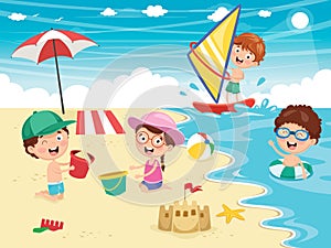 Vector Illustration Of Kids Playing At Beach