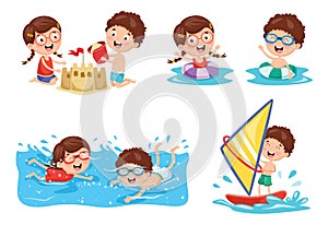 Vector Illustration Of Kids Playing At Beach