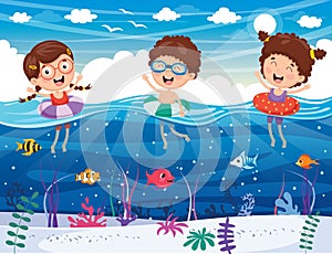 Vector Illustration Of Kids Playing At Beach