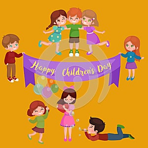 Vector illustration kids playing, greeting card happy childrens day background