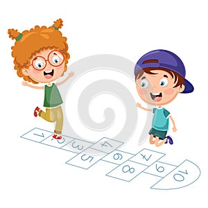 Vector Illustration Of Kids Playing Hopscotch