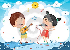 Vector Illustration Of Kids Playing Music And Singing