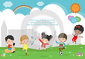 Vector Illustration Of Kids Playing Outside, happy children Playing park.
