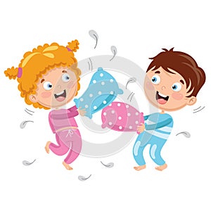 Vector Illustration Of Kids Playing Pillow Fight