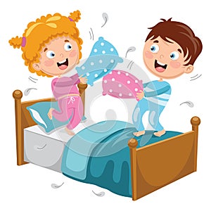 Vector Illustration Of Kids Playing Pillow Fight