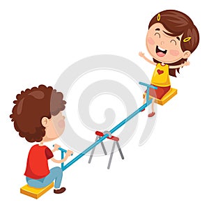 Vector Illustration Of Kids Playing On Seesaw