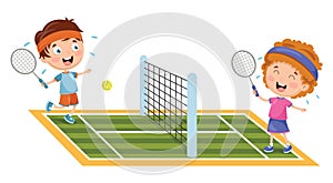 Vector Illustration Of Kids Playing Tennis