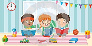 Vector Illustration Of Kids Reading Book