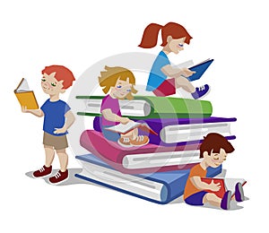 Vector illustration of kids reading on a huge pile of books.