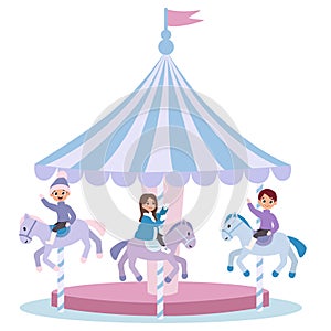 Vector illustration of kids riding a carousel in winter. Cartoon illustrations for postcards and other prints.