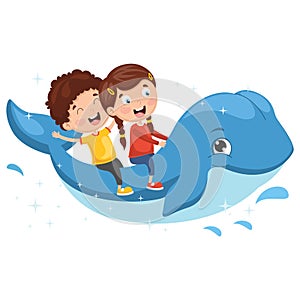 Vector Illustration Of Kids Riding Whale