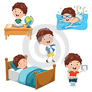 Vector Illustration Of Kids Daily Routine Activities