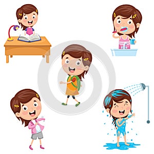 Vector Illustration Of Kids Daily Routine Activities