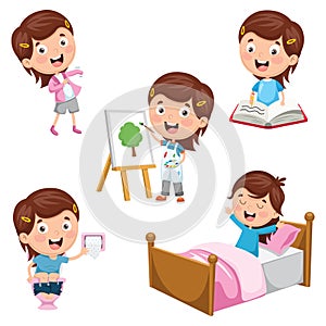 Vector Illustration Of Kids Daily Routine Activities