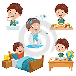 Vector Illustration Of Kids Daily Routine Activities photo
