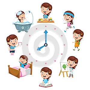 Vector Illustration Of Kids Daily Routine Activities photo