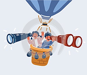 Vector illustration of kids search form air balloon. School project. Binoculars and spy glass. Education concept.