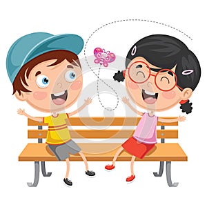 Vector Illustration Of Kids Sitting On Park Bench