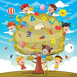 Vector Illustration Of Kids Studying On Tree