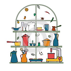 Vector illustration  of kitchen and cook  utensils  on a window background.