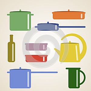 Vector illustration with kitchen shelves and cooking utensils.