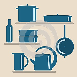 Vector illustration with kitchen shelves and cooking utensils.
