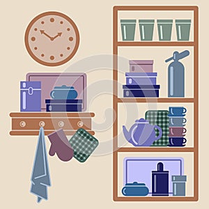 Vector illustration with kitchen shelves and cooking utensils.