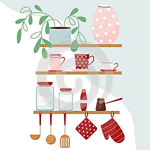 Vector illustration with kitchen shelves and kitchen utensils. A set of cups flower vase potholders.