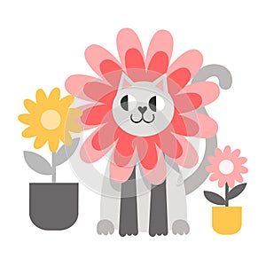 Vector illustration with a kitten in flowers. The cat is hiding in the flowers, the cat is listening. Cute gray cat is
