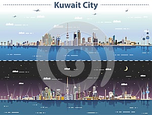 Vector illustration of Kuwait city skyline at day and night