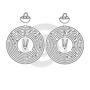 Vector illustration of a labyrinth. Help the bunny get out of the maze and pick up the Easter basket with eggs. Easter game for