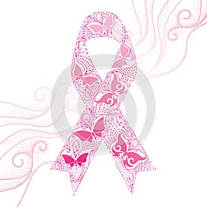 Vector illustration with lace pink ribbon with butterflies and dotted swirls on the white background.