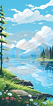 Vector Illustration Of Lake Landscape: Sunny Day, Blue Sky, Pastel Colors