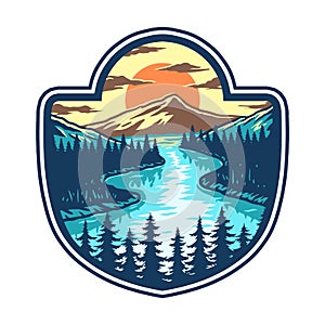 Vector illustration of lake, mountain and sunset