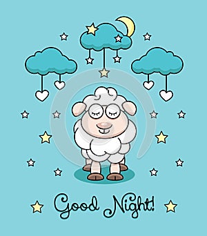Vector illustration with lamb, moon, cloud and stars hearts.
