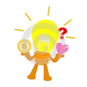 Vector illustration lamp idea confuse choose love and money flat design cartoon style