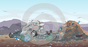 Vector illustration of landfill landscape with waste. Garbage dump background. Concept of Pollution Environment.