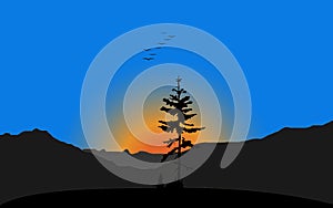 Vector illustration landscape black silhouette of a lonely pine tree on the background of mountain ranges and the setting sun on a