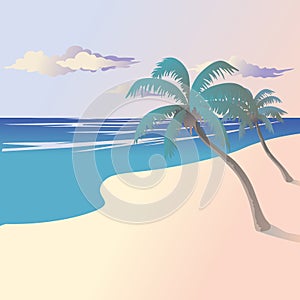 Vector illustration of the landscape of the coast by the sea with palm trees.