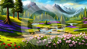 Vector illustration of a landscape with a field of blooming bright flowers, distant misty mountains on the horizon